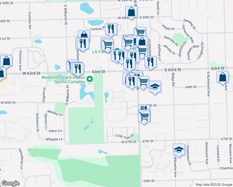 map of restaurants, bars, coffee shops, grocery stores, and more near 64 West 64th Street in Westmont
