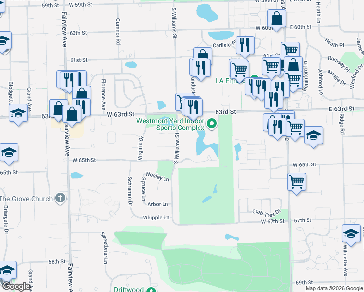 map of restaurants, bars, coffee shops, grocery stores, and more near 1221 South Williams Street in Westmont