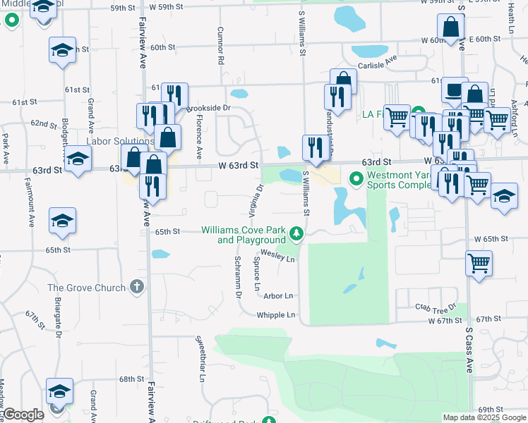 map of restaurants, bars, coffee shops, grocery stores, and more near 1235 Virginia Drive in Westmont