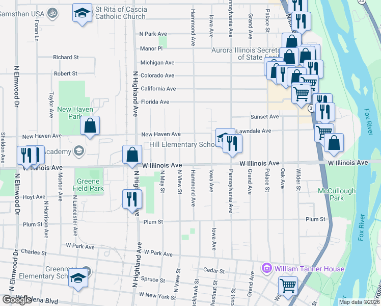 map of restaurants, bars, coffee shops, grocery stores, and more near 738 Hammond Avenue in Aurora