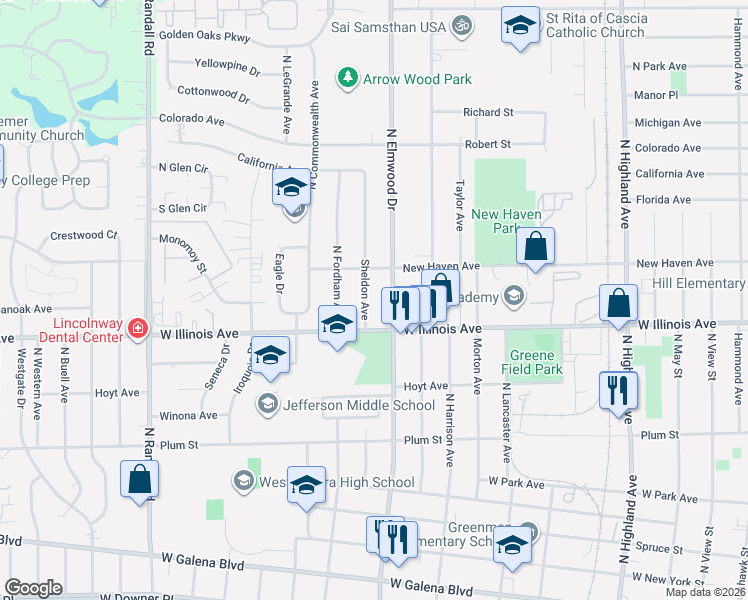 map of restaurants, bars, coffee shops, grocery stores, and more near 740 North Elmwood Drive in Aurora