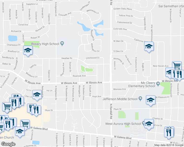 map of restaurants, bars, coffee shops, grocery stores, and more near 1510 Heather Drive in Aurora