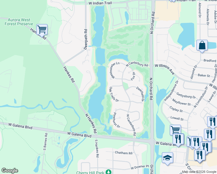 map of restaurants, bars, coffee shops, grocery stores, and more near 2516 Westminster Lane in Aurora