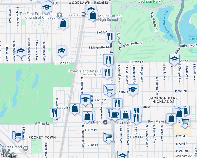 map of restaurants, bars, coffee shops, grocery stores, and more near 6800 South Harper Avenue in Chicago