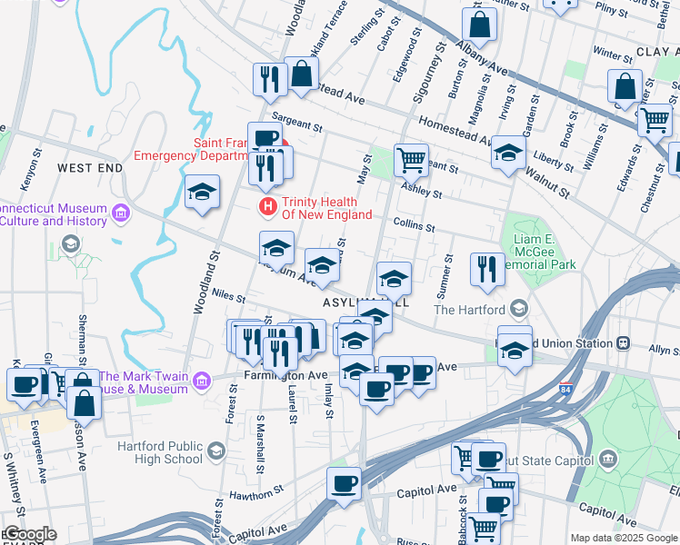 map of restaurants, bars, coffee shops, grocery stores, and more near 12 Willard Street in Hartford