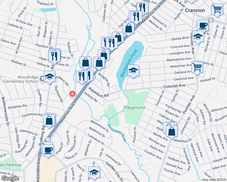 map of restaurants, bars, coffee shops, grocery stores, and more near 23 Bridgton Road in Cranston