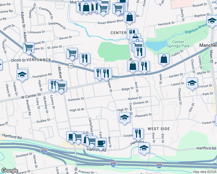 map of restaurants, bars, coffee shops, grocery stores, and more near 46 West Center Street in Manchester