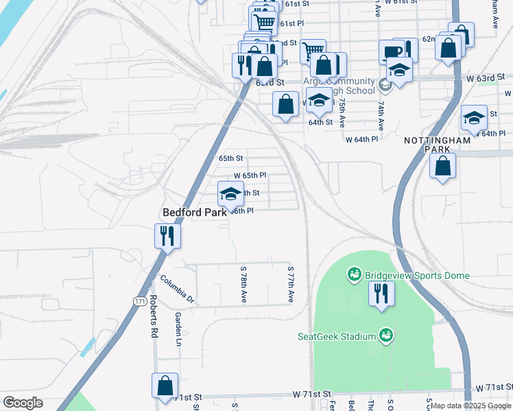 map of restaurants, bars, coffee shops, grocery stores, and more near 7710 West 66th Place in Bedford Park