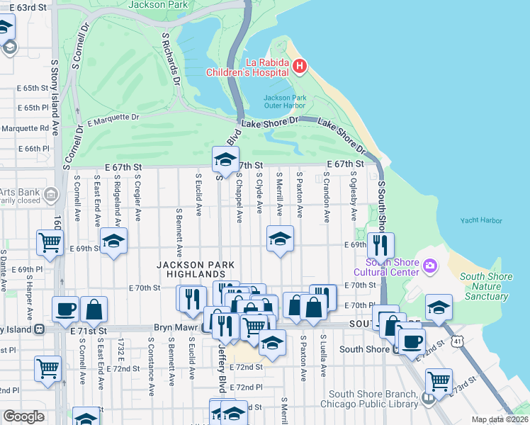 map of restaurants, bars, coffee shops, grocery stores, and more near 6805 South Clyde Avenue in Chicago