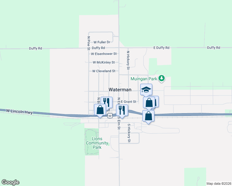 map of restaurants, bars, coffee shops, grocery stores, and more near 315 North Elm Street in Waterman