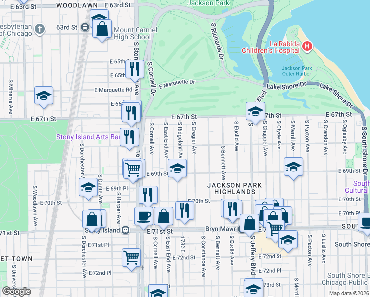 map of restaurants, bars, coffee shops, grocery stores, and more near 1711 East 68th Street in Chicago