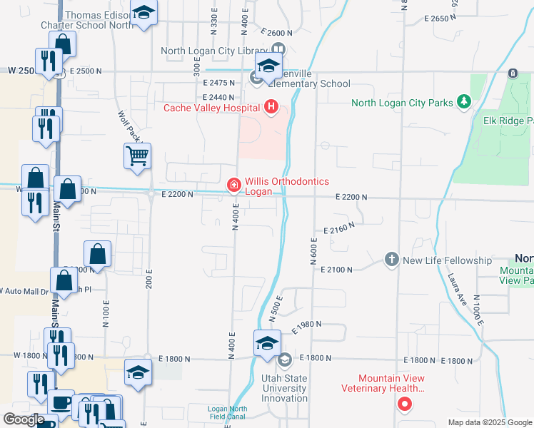 map of restaurants, bars, coffee shops, grocery stores, and more near 466 East 2170 North in North Logan
