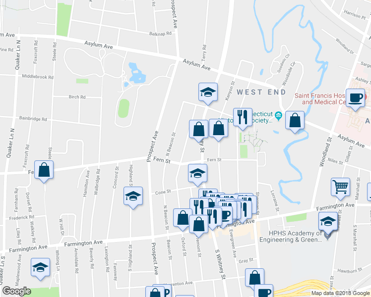 map of restaurants, bars, coffee shops, grocery stores, and more near 242 Oxford Street in Hartford