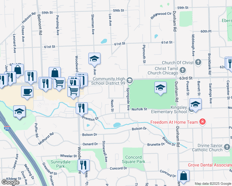 map of restaurants, bars, coffee shops, grocery stores, and more near 1741 Whidden Avenue in Downers Grove