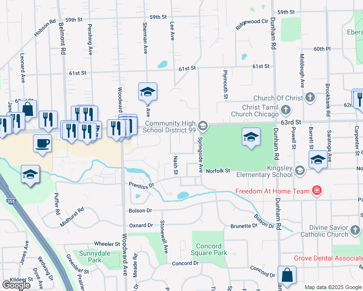 map of restaurants, bars, coffee shops, grocery stores, and more near 1758 Breasted Avenue in Downers Grove