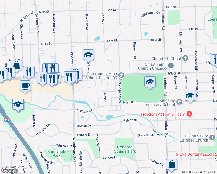 map of restaurants, bars, coffee shops, grocery stores, and more near 1741 Whidden Avenue in Downers Grove