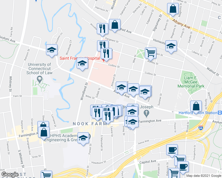 map of restaurants, bars, coffee shops, grocery stores, and more near 2 Atwood Street in Hartford