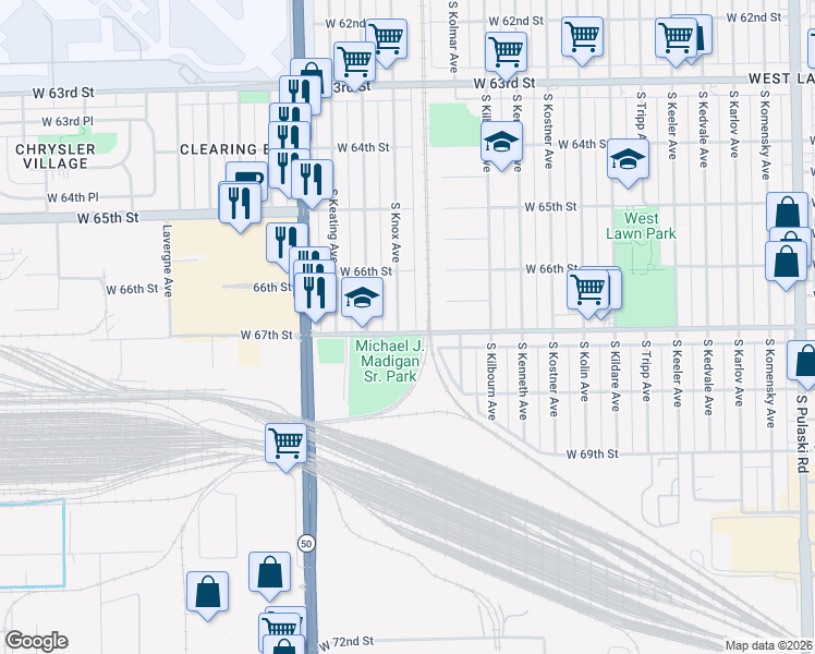 map of restaurants, bars, coffee shops, grocery stores, and more near 6633 South Knox Avenue in Chicago