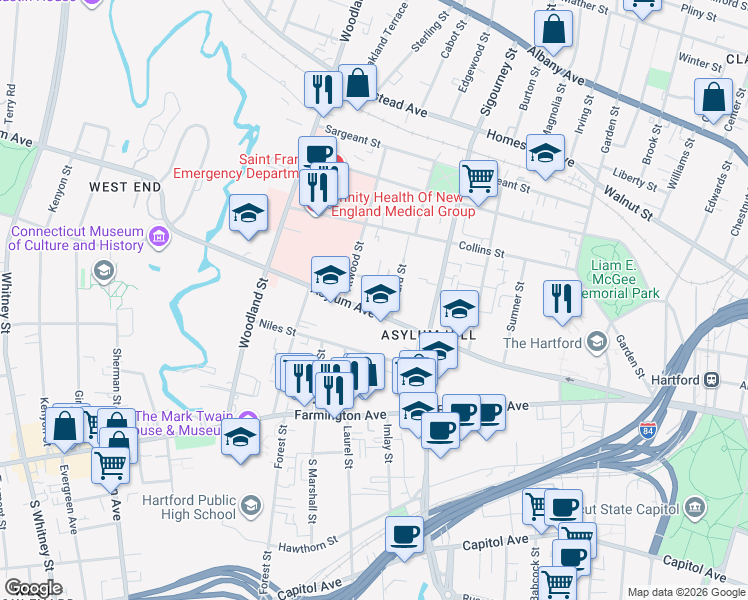 map of restaurants, bars, coffee shops, grocery stores, and more near 950 Asylum Avenue in Hartford