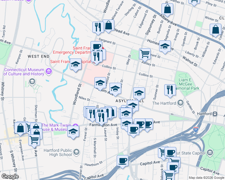 map of restaurants, bars, coffee shops, grocery stores, and more near 19 Townley Street in Hartford