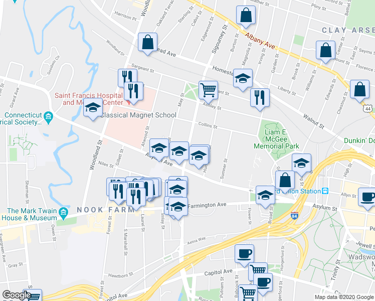 map of restaurants, bars, coffee shops, grocery stores, and more near Sigourney Street in Hartford