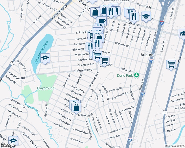 map of restaurants, bars, coffee shops, grocery stores, and more near 565 Pontiac Avenue in Cranston