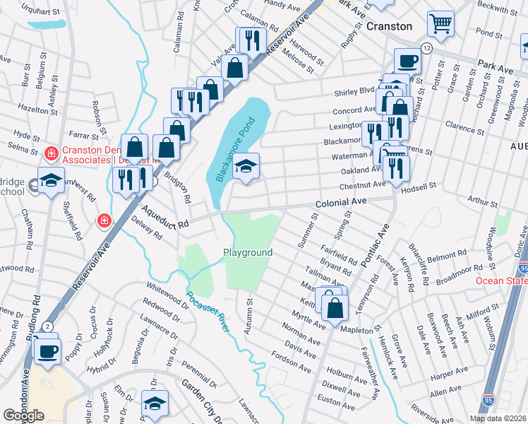 map of restaurants, bars, coffee shops, grocery stores, and more near 160 Chestnut Avenue in Cranston