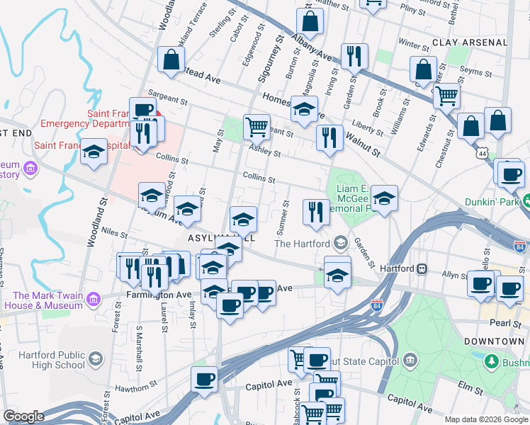 map of restaurants, bars, coffee shops, grocery stores, and more near 57 Huntington Street in Hartford
