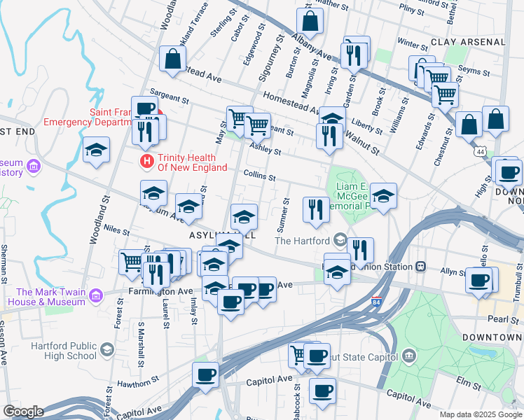 map of restaurants, bars, coffee shops, grocery stores, and more near 57 Huntington Street in Hartford