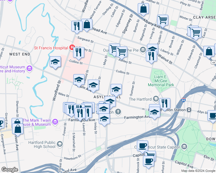 map of restaurants, bars, coffee shops, grocery stores, and more near 188 Sigourney Street in Hartford
