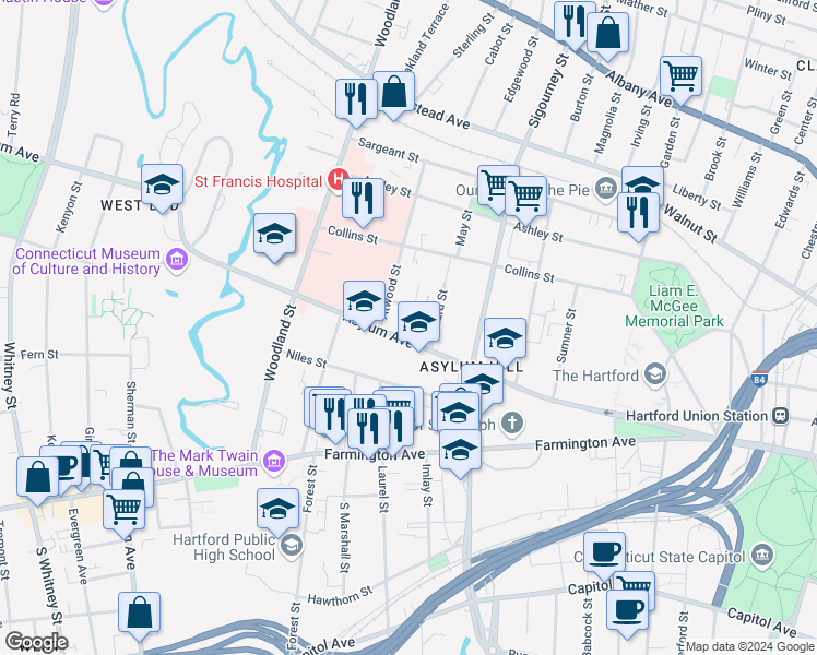 map of restaurants, bars, coffee shops, grocery stores, and more near 19 Townley Street in Hartford