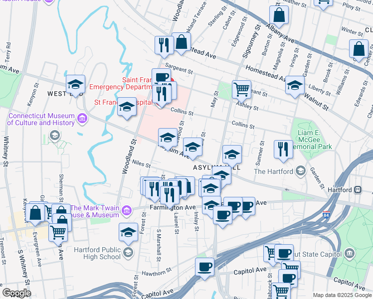 map of restaurants, bars, coffee shops, grocery stores, and more near 19 Townley Street in Hartford