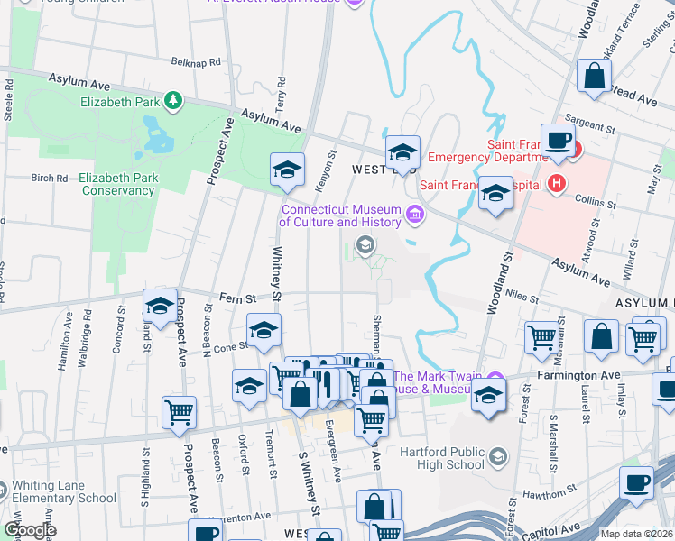 map of restaurants, bars, coffee shops, grocery stores, and more near 163 Girard Avenue in Hartford