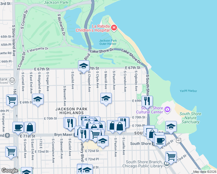 map of restaurants, bars, coffee shops, grocery stores, and more near 6752 South Merrill Avenue in Chicago