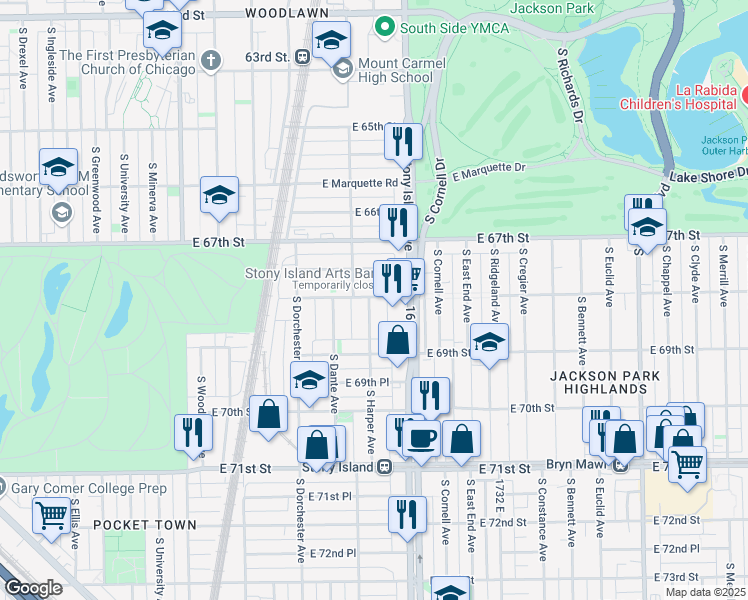 map of restaurants, bars, coffee shops, grocery stores, and more near 1517 East 67th Place in Chicago