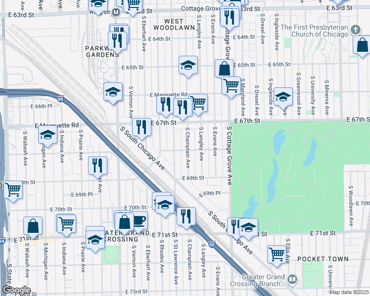 map of restaurants, bars, coffee shops, grocery stores, and more near 6735 South Champlain Avenue in Chicago