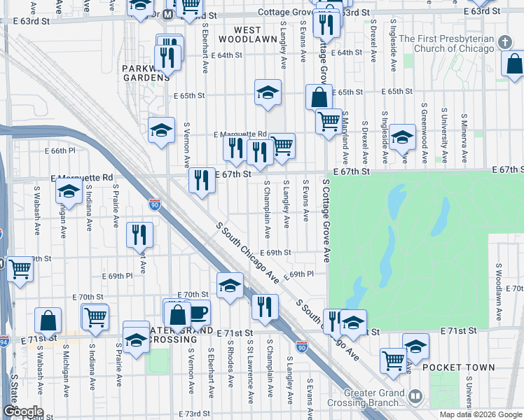 map of restaurants, bars, coffee shops, grocery stores, and more near 6735 South Champlain Avenue in Chicago
