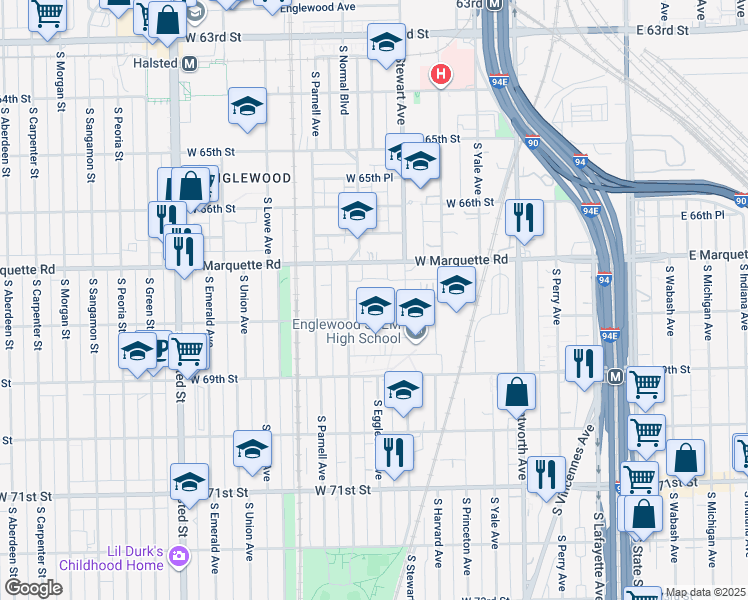 map of restaurants, bars, coffee shops, grocery stores, and more near 426 West Normal Parkway in Chicago