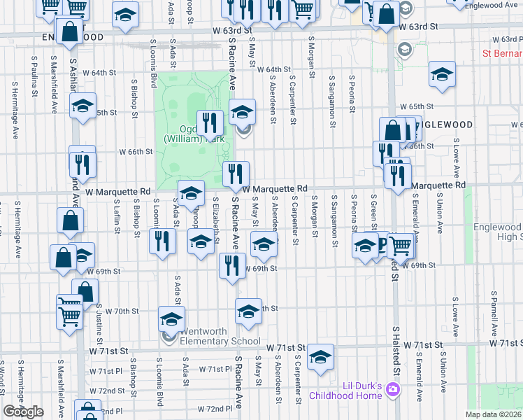 map of restaurants, bars, coffee shops, grocery stores, and more near 1111 West Marquette Road in Chicago