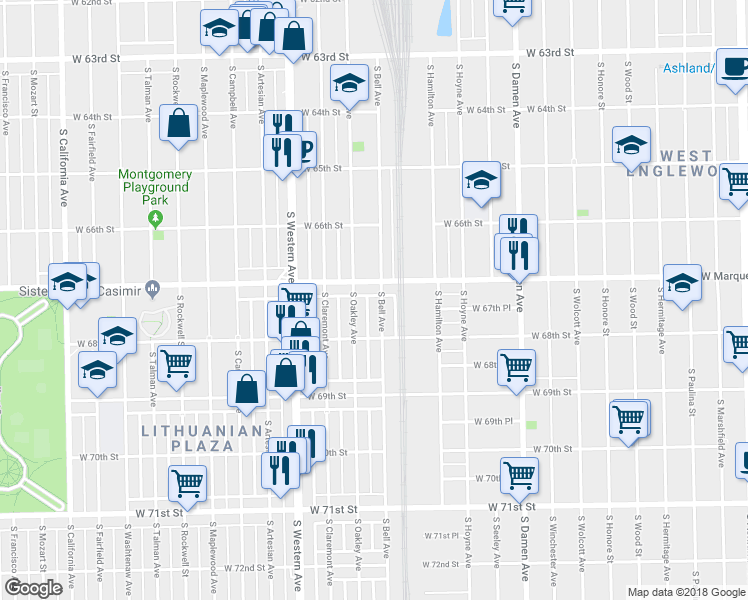 map of restaurants, bars, coffee shops, grocery stores, and more near 6659 South Bell Avenue in Chicago