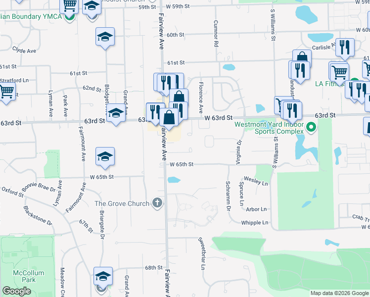 map of restaurants, bars, coffee shops, grocery stores, and more near 1245 Connamara Court in Westmont