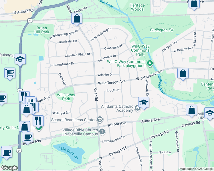 map of restaurants, bars, coffee shops, grocery stores, and more near 1221 West Jefferson Avenue in Naperville