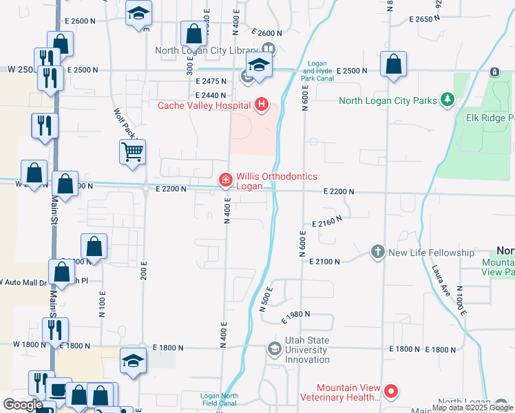 map of restaurants, bars, coffee shops, grocery stores, and more near 457 East 2170 North in North Logan