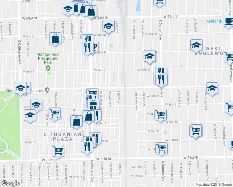 map of restaurants, bars, coffee shops, grocery stores, and more near 6716 South Bell Avenue in Chicago