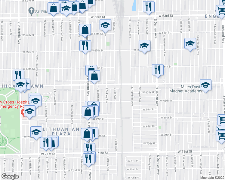 map of restaurants, bars, coffee shops, grocery stores, and more near 6659 South Bell Avenue in Chicago