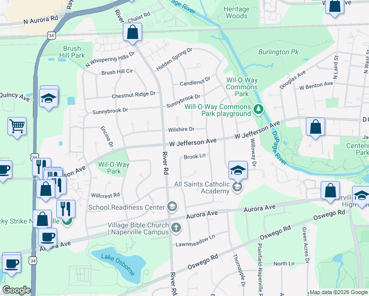 map of restaurants, bars, coffee shops, grocery stores, and more near 1221 West Jefferson Avenue in Naperville