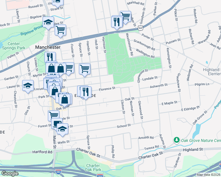 map of restaurants, bars, coffee shops, grocery stores, and more near Florence Street in Manchester