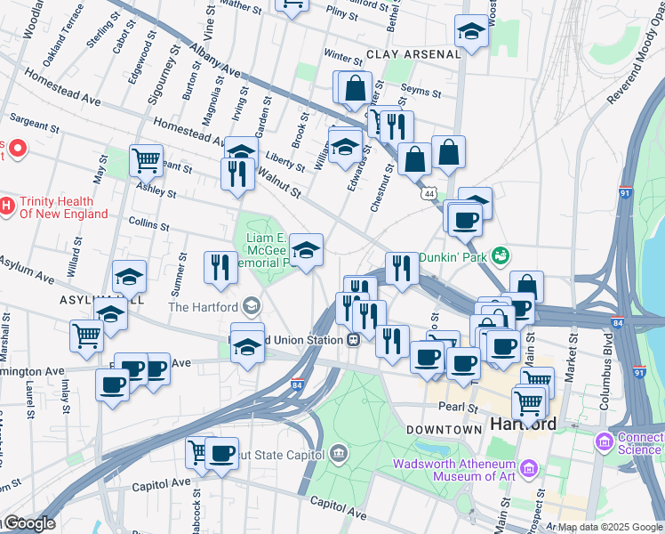 map of restaurants, bars, coffee shops, grocery stores, and more near 20-32 Edwards St in Hartford