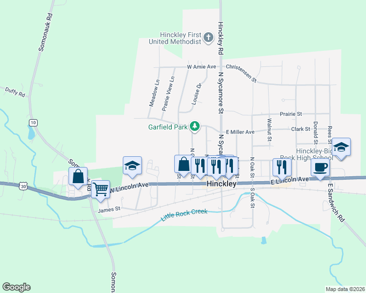 map of restaurants, bars, coffee shops, grocery stores, and more near 351 North Garfield Street in Hinckley