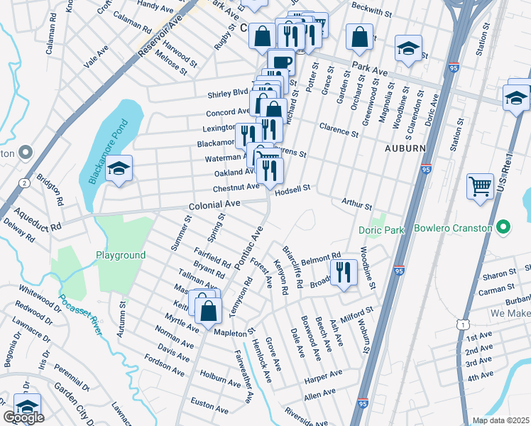 map of restaurants, bars, coffee shops, grocery stores, and more near 565 Pontiac Avenue in Cranston